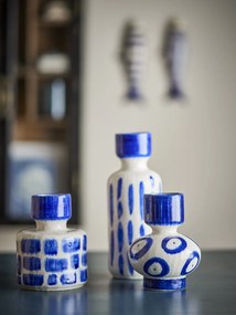 Set 3 vaze din ceramică, albastru, forme diferite, linii și inele pictate manual, 15,5 x 11,5 cm, 15,5 x 12 cm și 26 x 10 cm, „Romane”