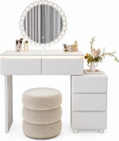 RESIGILAT- Set ELYSIA LED – Masă de Toaletă pentru Machiaj, cu Oglindă Iluminată LED, în trei culori, Control Touch, Comoda, Taburet, 80 cm, Alb