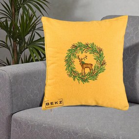 Perna Decorativa Coroana Turcoaz cu Ren, 40x40 cm, Galben, Husa Detasabila, Perna Inclusa, BEKZ®