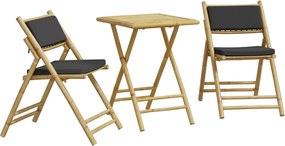 vidaXL Set de bistro pliabil, 3 piese, cu perne gri închis, bambus