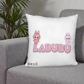 Perna Personalizata Labubu Duo Roz-Lila cu Text, 40x40 cm, Alb Pufos, Husa Detasabila, Perna Inclusa, BEKZ®