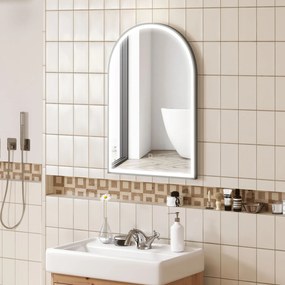 HOMCOM Oglindă de baie cu LED-uri 90 x 60 cm, montată pe perete, 3 culori, arcuită cu cadru din aluminiu, funcție anti-întunecare și comutator tactil | Aosom Romania