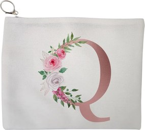 Portfard Cosmetice tip Plic, Cu litera Q Rose Gold si Trandafiri, 23x18 cm, Alb, BEKZ®