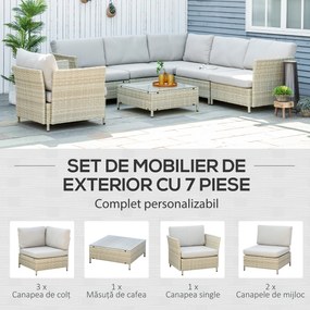 Set Mobilier Grădină Modular 7 Piese, Măsuță, Fotoliu, Canapele Ratan PE, Perne Incluse, Bej | Aosom Romania