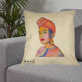 Perna Decorativa Portret Femeie Africana, 40x40 cm, Crem, Husa Detasabila, Perna Inclusa, BEKZ®