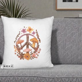 Perna Decorativa Peace Sign Ciuperci Floral, 40x40 cm, Alb Pufos, Husa Detasabila, Perna Inclusa, BEKZ®
