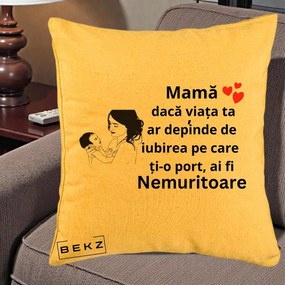 Cadou pentru Mama - Perna Personalizata Mama Nemuritoare Imbratisare Copil, 40x40 cm, Galben, Husa Detasabila, Perna Inclusa, BEKZ®