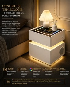 ELÉVIA — Noptieră inteligentă cu încărcare Wireless, Bluetooth Stereo, iluminare RGB, USB + Type-C și senzor de mișcare, Alb