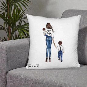 Cadou pentru Mama - Perna Personalizata Mom of Boys Mama cu Baietii, 40x40 cm, Alb Pufos, Husa Detasabila, Perna Inclusa, BEKZ®