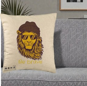 Perna Decorativa Leu Hipster Be Brave, 40x40 cm, Bej, Husa Detasabila, Perna Inclusa, BEKZ®