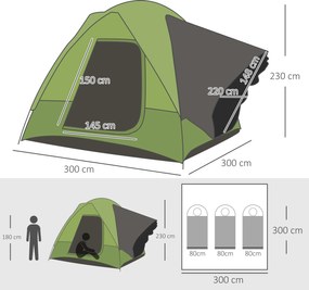 Outsunny Cort auto, cort de camping, cort de călătorie, pentru 4-5 persoane, fibră de sticlă, poliester, verde, 300 x 300 x 230 cm | Aosom Romania