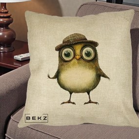Perna Decorativa Pui Intelectual cu Palarie Tweed, 40x40 cm, Crem, Husa Detasabila, Perna Inclusa, BEKZ®