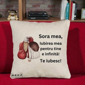 Cadou pentru Sora - Perna Personalizata Sora Mea Te Iubesc Doua Fete Iarna Acuarela, 40x40 cm, Bej Canapea, Husa Detasabila, Perna Inclusa, BEKZ®