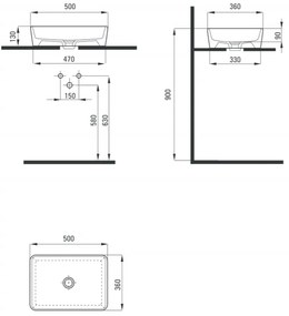 Lavoar pe blat alb lucios 50 cm, dreptunghiular, Deante Hiacynt