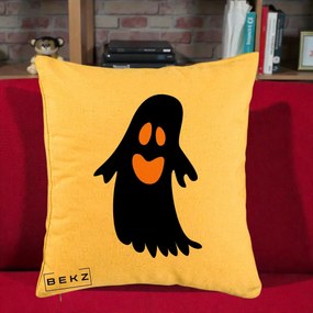 Perna Decorativa Halloween Fantoma Neagra cu Ochi Portocalii, 40x40 cm, Galben, Husa Detasabila, Perna Inclusa, BEKZ®
