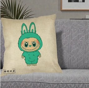 Perna Personalizata Labubu Turcoaz, 40x40 cm, Crem, Husa Detasabila, Perna Inclusa, BEKZ®