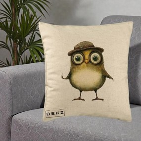 Perna Decorativa Pui Intelectual cu Palarie Tweed, 40x40 cm, Bej, Husa Detasabila, Perna Inclusa, BEKZ®