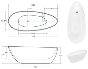 Cada baie freestanding ovala, compozit, alba, 160 x 70 cm, Besco Goya Alb, 1600x700 mm