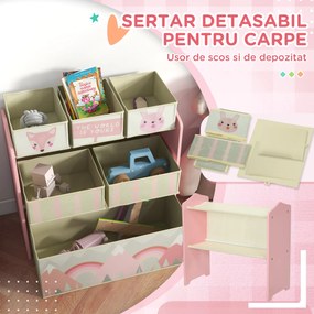 Raft mobil ZONEKIZ pentru jucării cu 6 containere detașabile din material textil, 63x30x66cm, de culoare roz