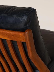Fotoliu lounge din piele naturală neagră cu structură din lemn de acacia, „Marnet”