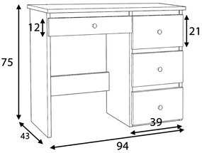 BIA518 - Birou 94 cm, masa de calculator cu 4 sertare, office - Alb cu manere tip Cristal