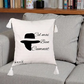 Cadou pentru Cumnat - Perna Personalizata Cel mai Bun Cumnat cu Silueta Palarie, 40x40 cm, Bej cu Franjuri, Husa Detasabila, Perna Inclusa, BEKZ®