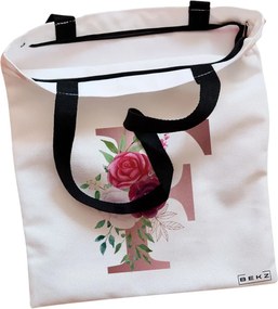 Sacosa de Panza pentru Cumparaturi, Geanta Tote, Cu litera F Rose Gold si Trandafiri, Cu fermoar, 38x34.5 cm, Alba, BEKZ®
