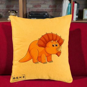 Perna Decorativa Triceratops Portocaliu, 40x40 cm, Galben, Husa Detasabila, Perna Inclusa, BEKZ®