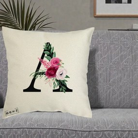 Cadou Personalizat - Perna Personalizata Monograma Florala Litera A, 40x40 cm, Ecru, Husa Detasabila, Perna Inclusa, BEKZ®