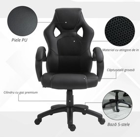 HOMCOM Scaun pentru birou, cu roti rotative la 360°, scaun gaming, inaltimea reglabila, Negru | Aosom Romania