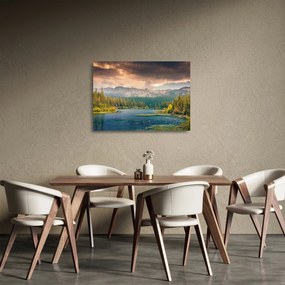 Tablou pe sticlă cu râu montan și munți (70x50 cm)