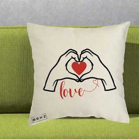 Perna Decorativa Love Maini Inima cu Inscriptie Love Rosu, 40x40 cm, Ecru, Husa Detasabila, Perna Inclusa, BEKZ®
