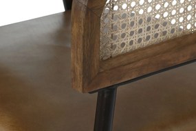 Scaun dining cu brațe din ratan și piele, maro, spătar curbat împletit și picioare negre din metal, 78 x 52 x 56 cm, „Cannage”