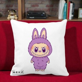 Perna Personalizata Labubu Violet Solo, 40x40 cm, Alba Mata, Husa Detasabila, Perna Inclusa, BEKZ®
