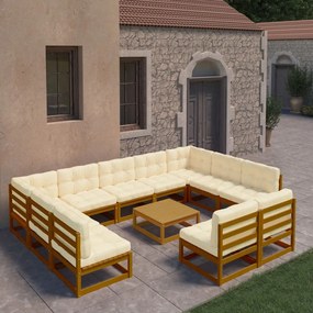 3077232 vidaXL Set mobilier grădină cu perne, 12 piese, maro, lemn masiv pin