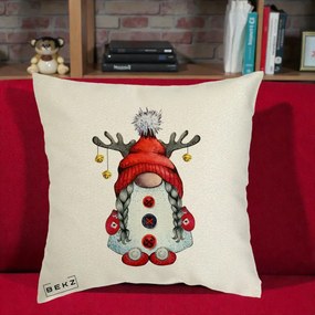Perna Decorativa Pitic Gnom Craciun cu Coarne de Ren, 40x40 cm, Ecru, Husa Detasabila, Perna Inclusa, BEKZ®
