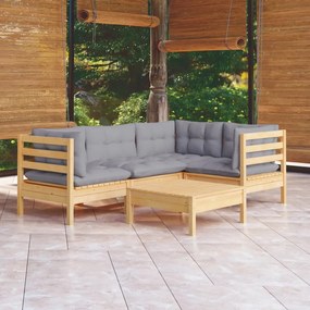 Set mobilier gradina cu perne gri, 5 piese, lemn masiv pin Maro  si gri, 5