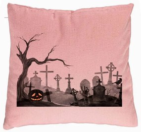 Perna Decorativa cu motiv Cimitir de Halloween, 40x40 cm, Roz, Husa Detasabila, Burduf