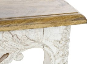 Măsuță de cafea din lemn de mango sculptat manual, natur și alb, motive florale, finisaj patinat, 49 x 120 x 61 cm, „Floralis” – Ethnic Collections