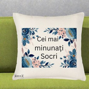 Cadou pentru Socri - Perna Personalizata Cei mai Minunati Socri cu Flori Albastre si Roz, 40x40 cm, Crem Reliefat, Husa Detasabila, Perna Inclusa, BEKZ®