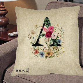 Cadou Personalizat - Perna Personalizata Monogram Litera A cu Flori Acuarela, 40x40 cm, Crem, Husa Detasabila, Perna Inclusa, BEKZ®