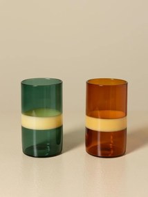 Set 4 pahare din sticlă borosilicată bicoloră, verde și portocaliu cu bordură galbenă, 11 × 6 cm, „Twiggy"
