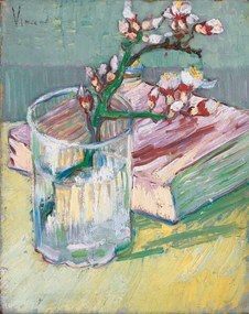 Reproducere Flowering almond branch in a glass with a book, 1888, Gogh, Vincent van