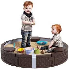 AIYAPLAY Cutie de nisip, Cutie de nisip rotunda pentru pana la 3 copii, cu 3 scaune, strat impermeabil, protectie impotriva intemperiilor, 300 kg de nisip | Aosom Romania