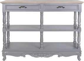 Consolă hol în stil French Country, din lemn de paulownia, gri, cu 2 sertare, 2 rafturi și bază sculptată, 89 x 117 x 39 cm, „Auria”