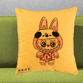 Perna Personalizata Labubu Panda-Bunny Roz, 40x40 cm, Galben, Husa Detasabila, Perna Inclusa, BEKZ®