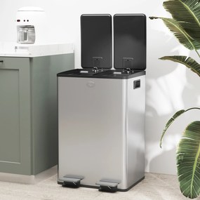 HOMCOM Coș de Gunoi cu Pedală, 2 x 20L, din Oțel, cu Capace Silențioase și Găleți Interioare Detașabile, Argintiu | Aosom Romania