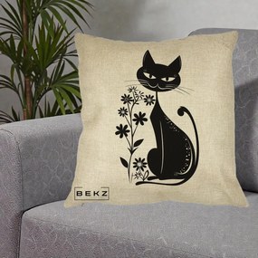 Perna Decorativa Pisica Neagra Grafica Minimalista, 40x40 cm, Crem, Husa Detasabila, Perna Inclusa, BEKZ®