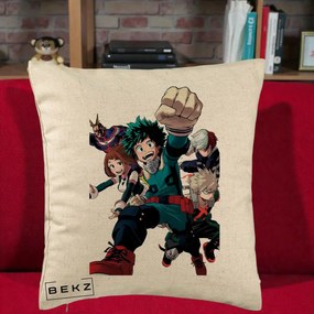 Perna Personalizata My Hero Academia Izuku Deku si Echipa, 40x40 cm, Bej, Husa Detasabila, Perna Inclusa, BEKZ®