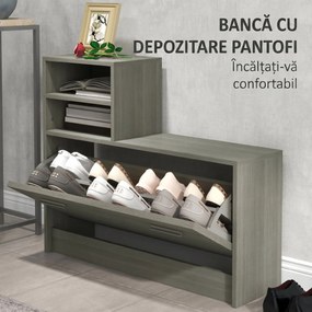 HOMCOM Set de Depozitare 4-în-1 pentru Hol, Cuier de Perete cu Oglindă, Bancă pentru Încălțăminte, 85x15x110 cm, Gri | Aosom Romania
